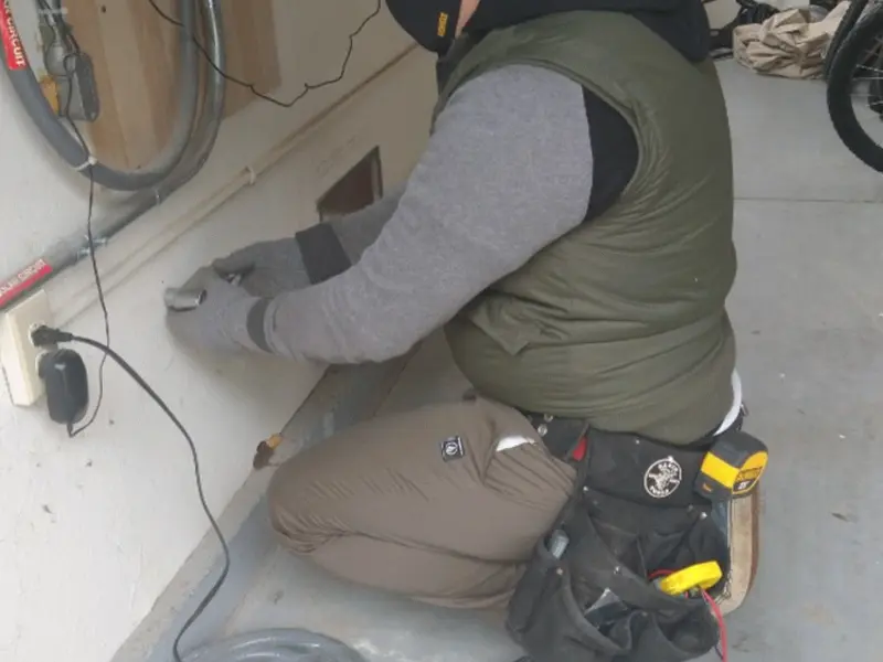 Electrician performing outlet wiring in a Calabasas garage